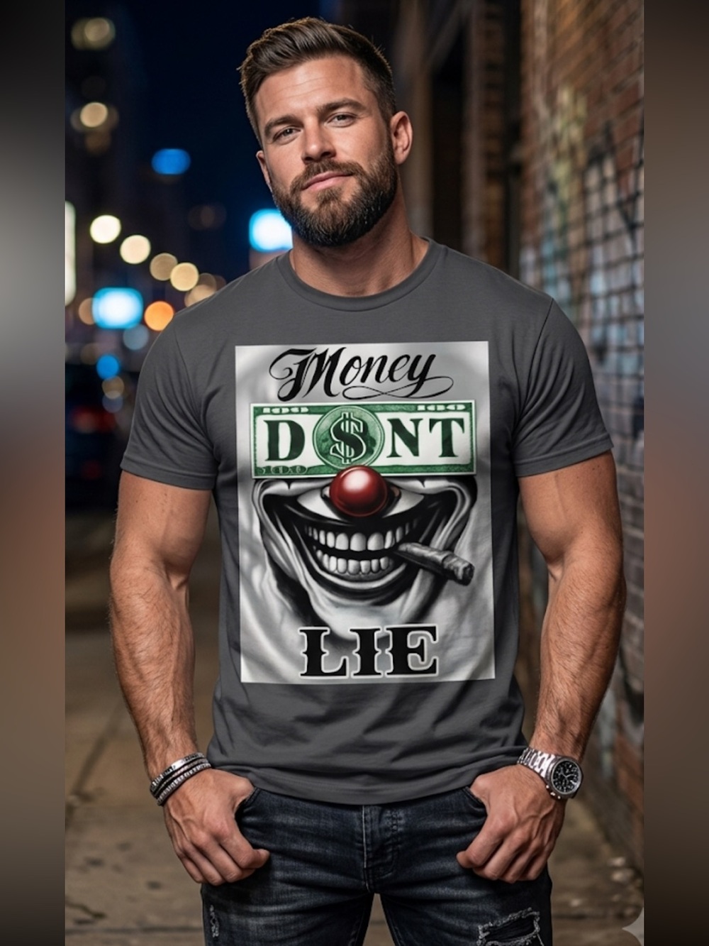 Shaka wear Men's Graphic Tee - Money Don't Lie Design in Charcoal New NWOT